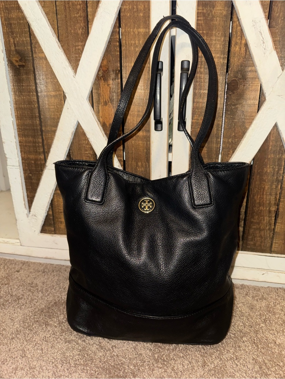 Tory Burch Black Pebbled Leather Tote with Gold Logo